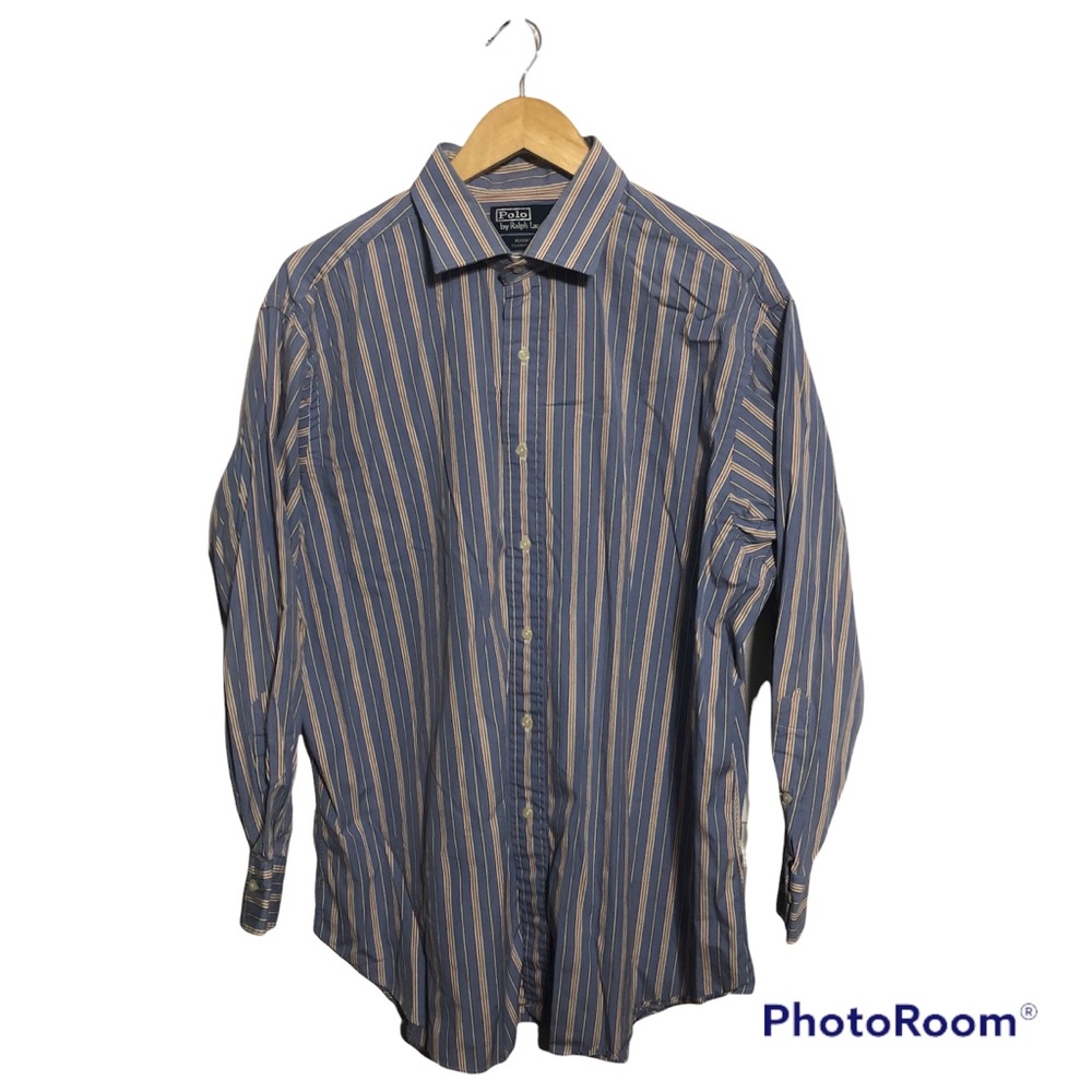 Vintage Ralph Lauren Men's Striped Casual Dress Shirt Blue Size 17.5 - 32-33